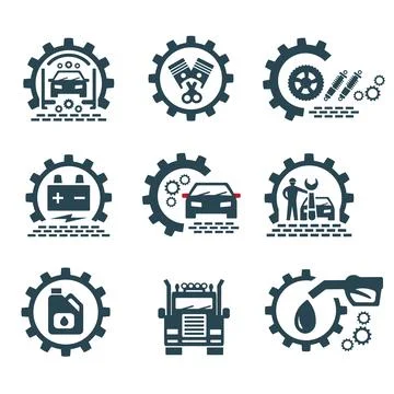 A set of vector logos of transport and auto parts. Stock Illustration
