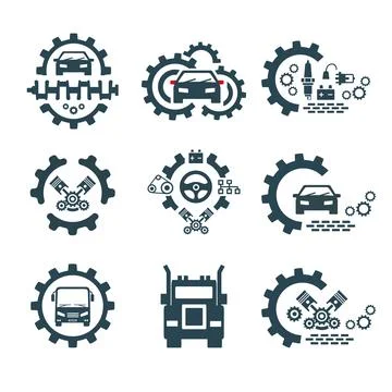 A set of vector logos of transport and auto parts. Stock Illustration