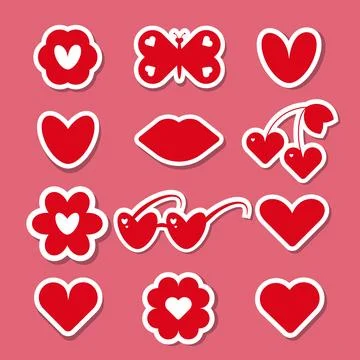 Set of vector love icon stickers. Sticker in the form of lips, hearts, flowers Ilustración de archivo
