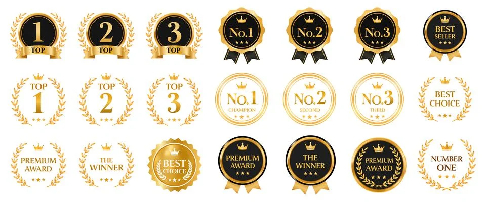 Set of vector luxury black and gold medals, award ribbons, winner badges, s.. Stock Illustration