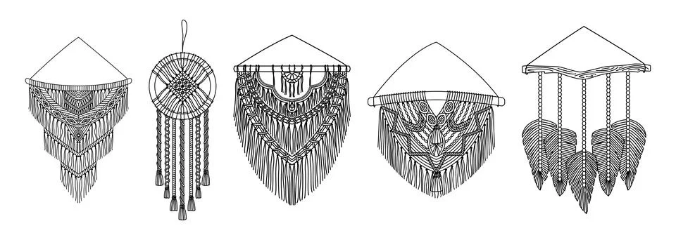 Set of vector macrame murals in boho style. Line art Ilustração Stock