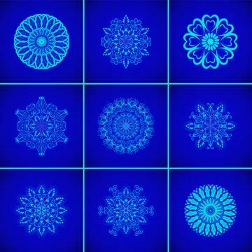 Set of Vector Magic Blue Glow Mandalas Stock Illustration