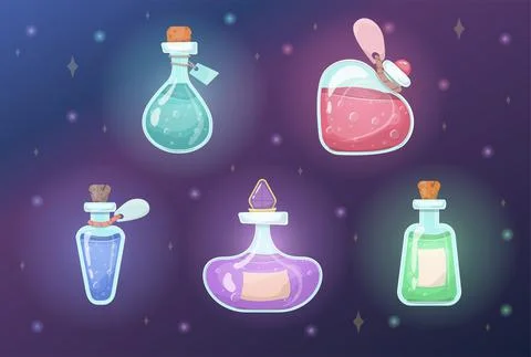 A set of vector magic bottles and flasks. Colorful magic potions. Cartoon Illustrazione stock