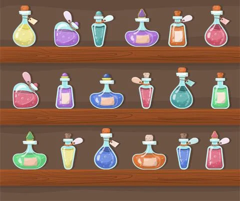 A set of vector magic bottles and flasks. Colorful magic potions. Cartoon Stock Illustration