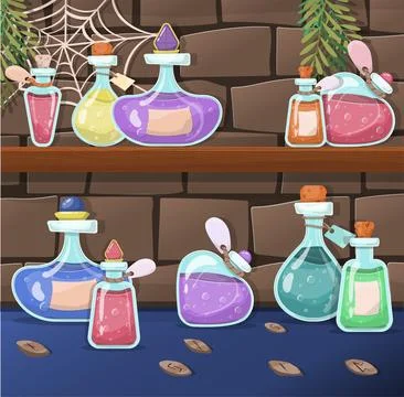 A set of vector magic bottles and flasks. Colorful magic potions. Cartoon Stock Illustration