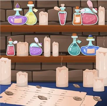 A set of vector magic bottles and flasks. Colorful magic potions. Cartoon Stock Illustration