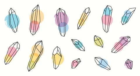 Set of vector magic colored healing crystals. Line art and watercolors. Stock Illustration
