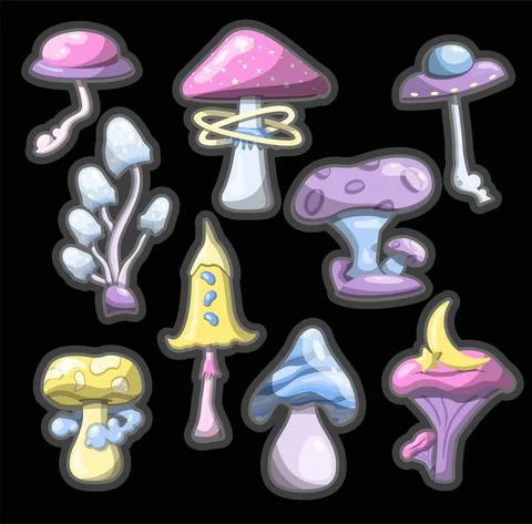 Set of vector magic mushrooms. Space cartoon mushrooms. Colorful illustrations 스톡 일러스트