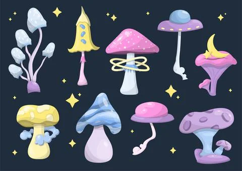 Set of vector magic mushrooms. Space cartoon mushrooms. Colorful illustrations Stock Illustration