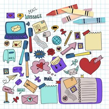 A set of vector mail doodles. Icons with paper envelopes, letters, email. A Illustrazione stock