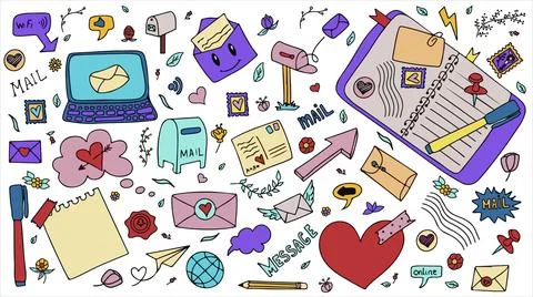 A set of vector mail doodles. Icons with paper envelopes, letters, email. A Illustrazione stock