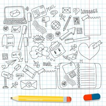 A set of vector mail doodles. Icons with paper envelopes, letters, email. A Stock Illustration