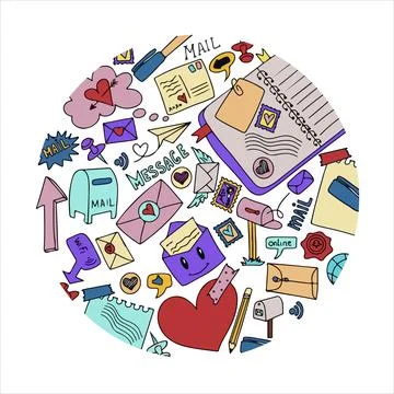 A set of vector mail doodles. Icons with paper envelopes, letters, email. A Stock Illustration