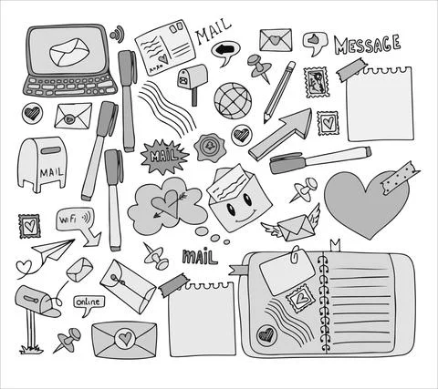 A set of vector mail doodles. Icons with paper envelopes, letters, email. A 스톡 일러스트