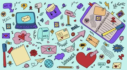 A set of vector mail doodles. Icons with paper envelopes, letters, email. A Illustrazione stock