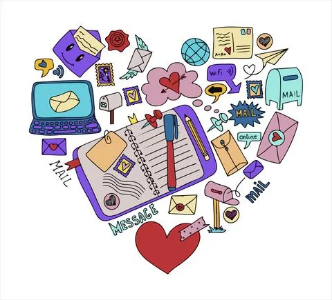 A set of vector mail doodles. Icons with paper envelopes, letters, email. A 스톡 일러스트