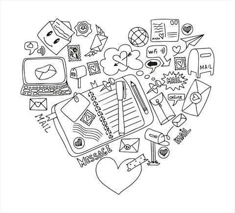 A set of vector mail doodles. Icons with paper envelopes, letters, email. A Illustrazione stock
