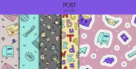 A set of vector mail doodles Seamless Patterns. Icons with paper envelopes Stock Illustration