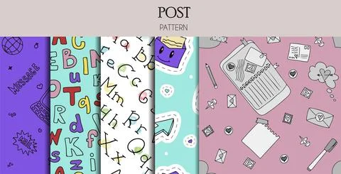A set of vector mail doodles Seamless Patterns. Icons with paper envelopes Stock Illustration