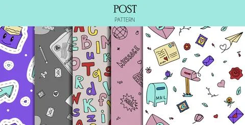 A set of vector mail doodles Seamless Patterns. Icons with paper envelopes Stock Illustration