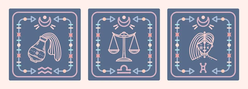 A set of vector maps with air signs of the zodiac. Astrological cards. Stock Illustration