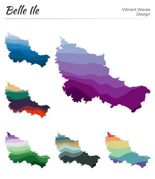 Set of vector maps of Belle Ile. Vibrant waves design. Bright map of island.. Stock Illustration