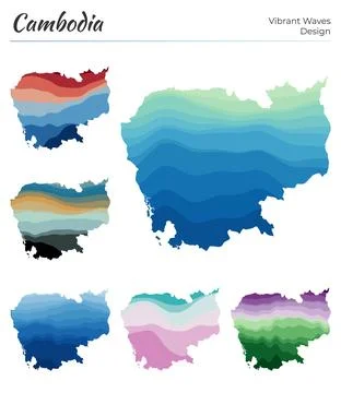 Set of vector maps of Cambodia. Vibrant waves design. Bright map of country.. Stock Illustration