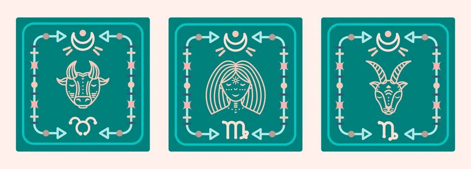 A set of vector maps with earth signs of the zodiac. Astrological cards. Stock Illustration