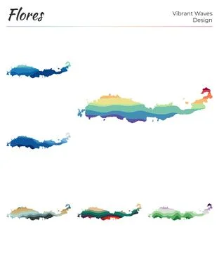 Set of vector maps of Flores. Vibrant waves design. Bright map of island in.. 스톡 일러스트