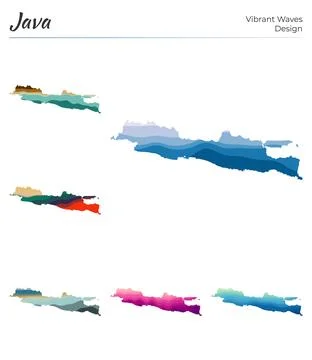 Set of vector maps of Java. Vibrant waves design. Bright map of island in g.. 库存插图