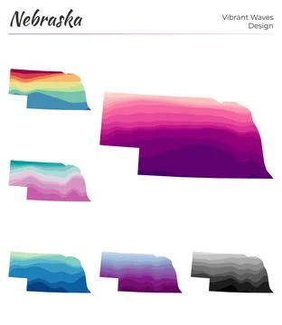 Set of vector maps of Nebraska. Vibrant waves design. Bright map of us stat.. Stockillustratie