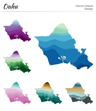 Set of vector maps of Oahu. Vibrant waves design. Bright map of island in g.. Stock Illustration