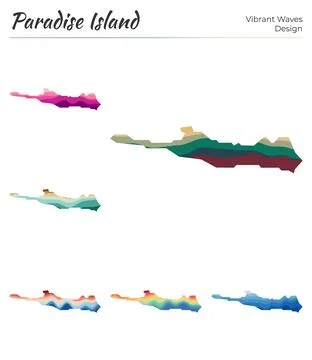 Set of vector maps of Paradise Island. Vibrant waves design. Bright mapin g.. イラスト素材