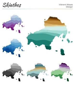 Set of vector maps of Skiathos. Vibrant waves design. Bright map of island .. イラスト素材