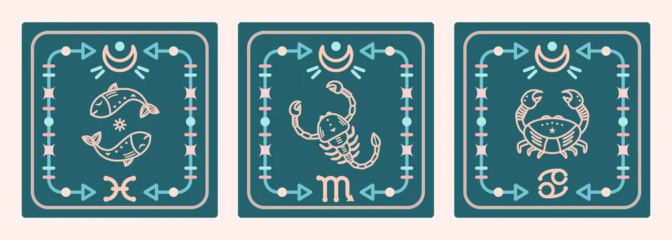 A set of vector maps with water signs of the zodiac. Astrological cards. 스톡 일러스트
