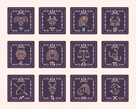 A set of vector maps with zodiac signs. Astrological cards. Stock Illustration