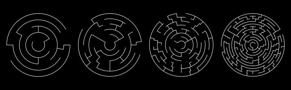 Set Of Vector Mazes. Circle Labyrinth Illustration Isolated on Black Backgrou Stock Illustration