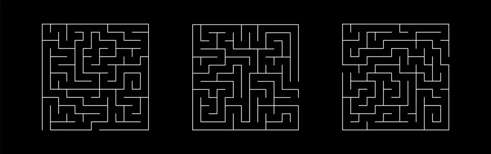 Set Of Vector Mazes. Square Labyrinth Illustration Isolated on Black Backgrou Stock Illustration
