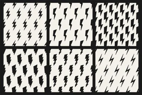Set of vector monochrome simple seamless thunderbolt patterns. Trendy endless Stockillustratie