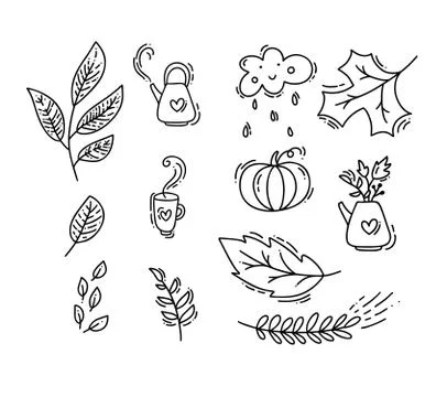Set of vector monoline doodle floral elements. Autumn collection graphic design Stock Illustration