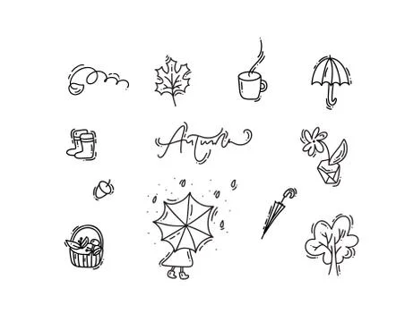 Set of vector monoline doodle floral elements. Autumn collection graphic design Stock Illustration