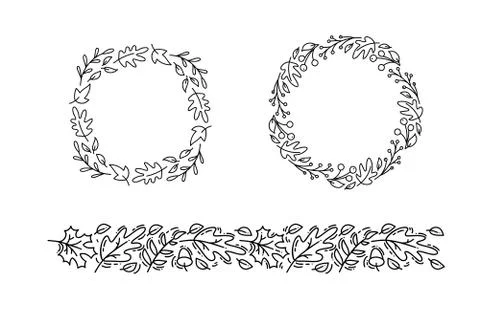 Set of vector monoline round autumn wreath and ornament with place for text 스톡 일러스트