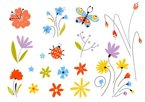 Set of vector multicolored spring flowers. Decorative easter elements in a flat Stock Illustration