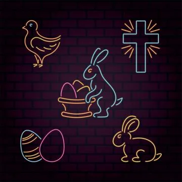 Set of vector neon Easter icons: rabbit, cross, eggs, chicken on a brick wall Stock Illustration