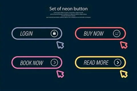 Set of vector neon glowing buttons. Modern infographic for web design. Neon b Stock Illustration