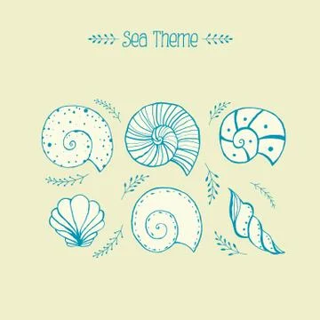 Set of vector objects ammonites and sea shells in sketch style Stock Illustration
