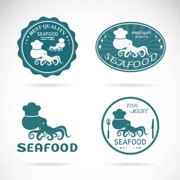 Set of vector octopus seafood labels on white background Stock Illustration
