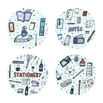 Set of vector office supplies. Collection of round badges of stationery in do Stock Illustration