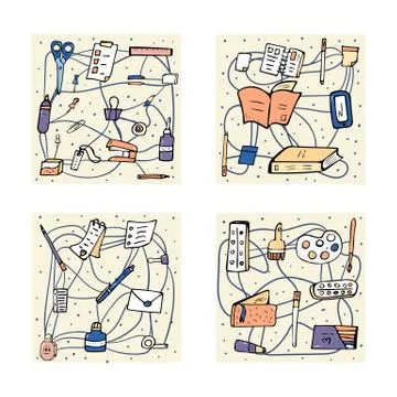 Set of vector office supplies. Collection of stationery in doodle style. four Stock Illustration