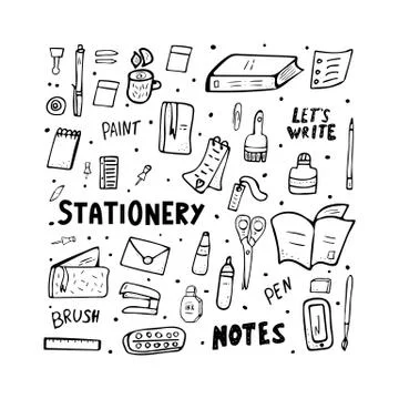 Set of vector office supplies. Collection of hand drawn stationery. Sqaure co Stock Illustration